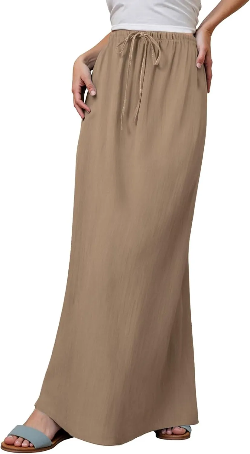 Maxi Skirts for Women 2025,Trendy Summer Comfy Drawstring Waist A Line Linen Skirt Vacation Boho Long Flowy Skirts