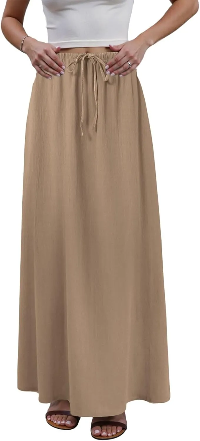 Maxi Skirts for Women 2025,Trendy Summer Comfy Drawstring Waist A Line Linen Skirt Vacation Boho Long Flowy Skirts