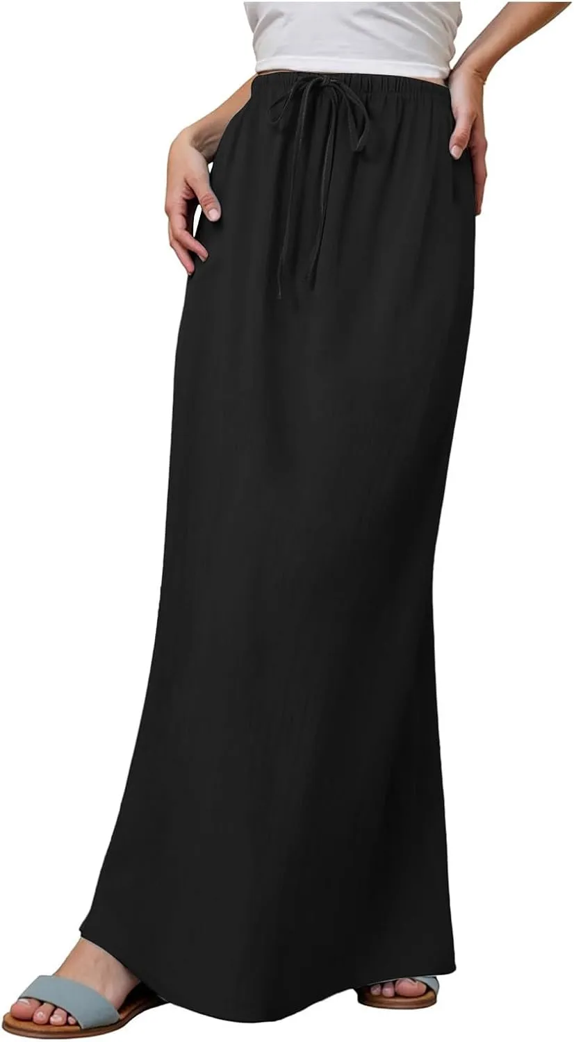 Maxi Skirts for Women 2025,Trendy Summer Comfy Drawstring Waist A Line Linen Skirt Vacation Boho Long Flowy Skirts