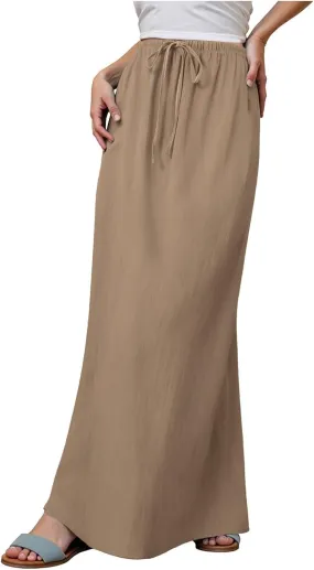 Maxi Skirts for Women 2025,Trendy Summer Comfy Drawstring Waist A Line Linen Skirt Vacation Boho Long Flowy Skirts
