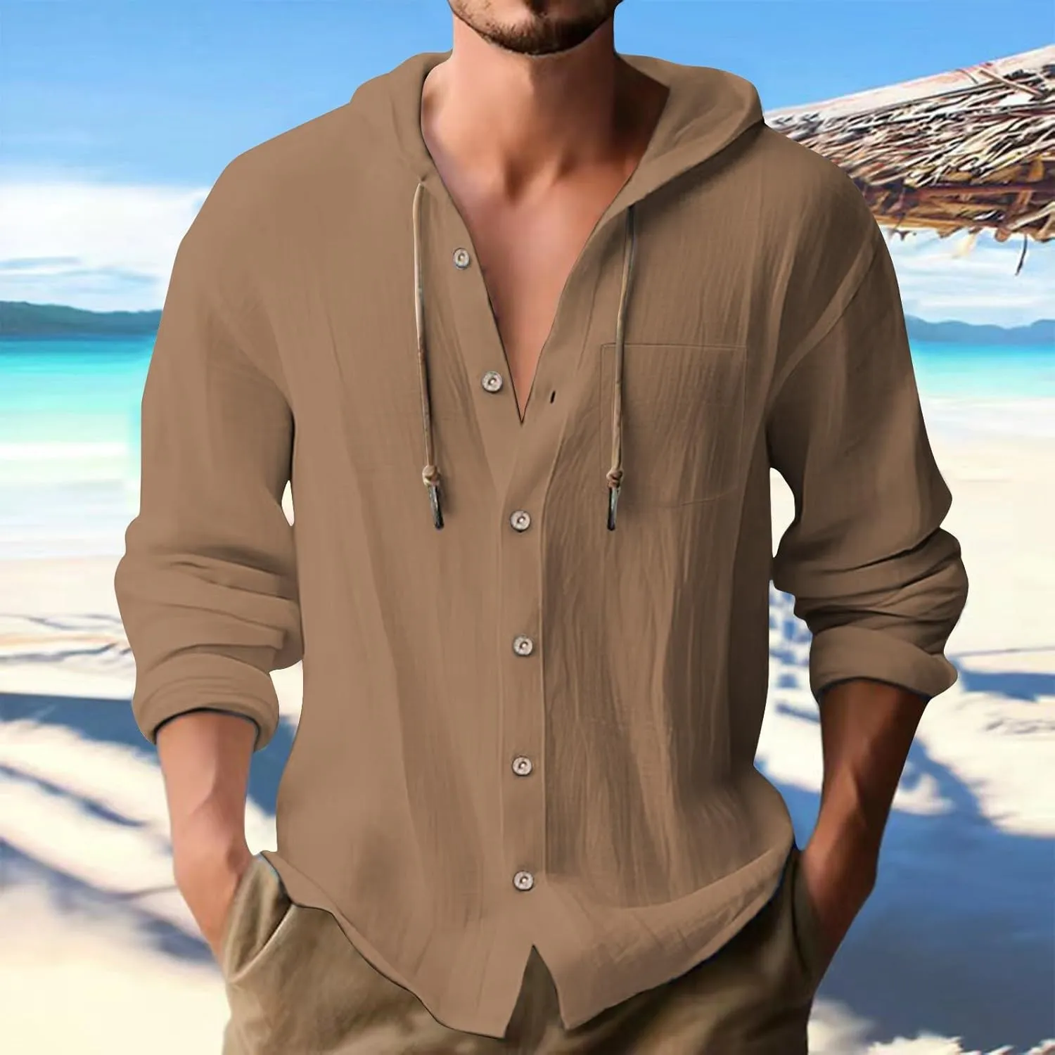 Men's Linen Hooded Shirts Casual Button Down Long Sleeve Hoodies Solid Spread Collar Summer Beach Shirt Tops