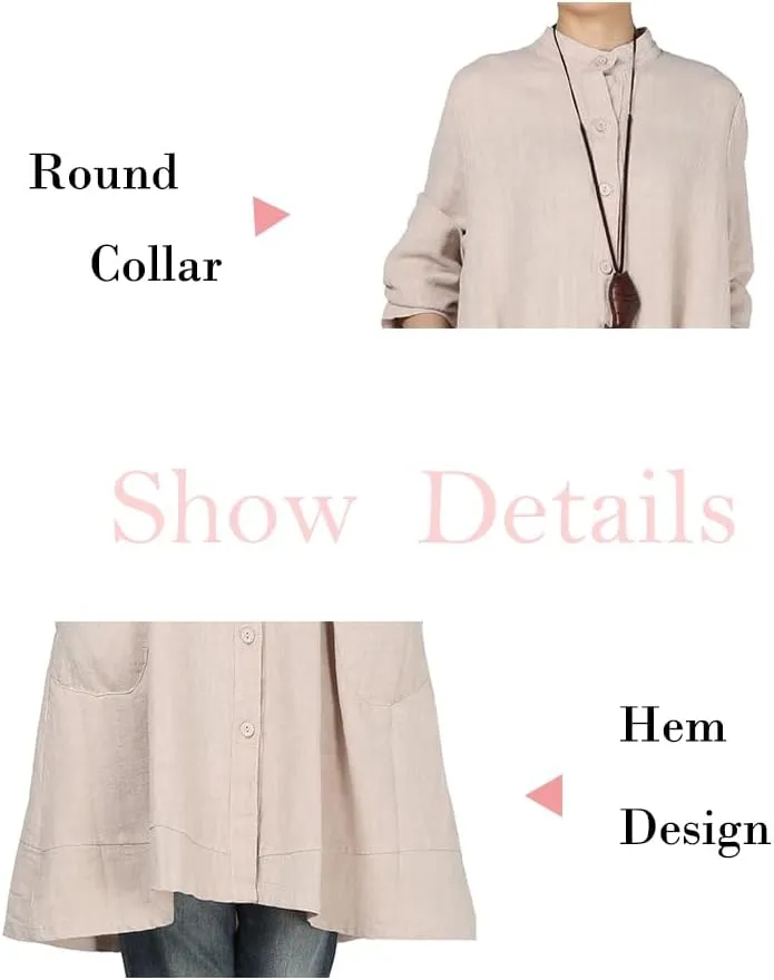 Minibee Women's Oversized Button Down Shirts Long Sleeve Cotton Linen Light Blouse Jacket With Pockets