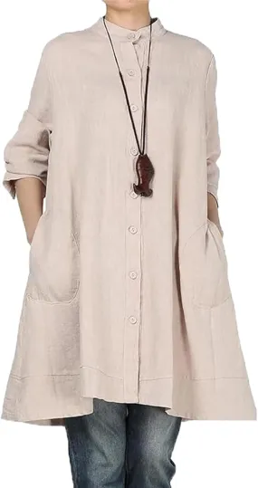 Minibee Women's Oversized Button Down Shirts Long Sleeve Cotton Linen Light Blouse Jacket With Pockets