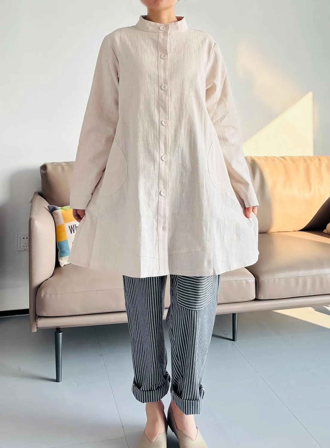 Minibee Women's Oversized Button Down Shirts Long Sleeve Cotton Linen Light Blouse Jacket With Pockets