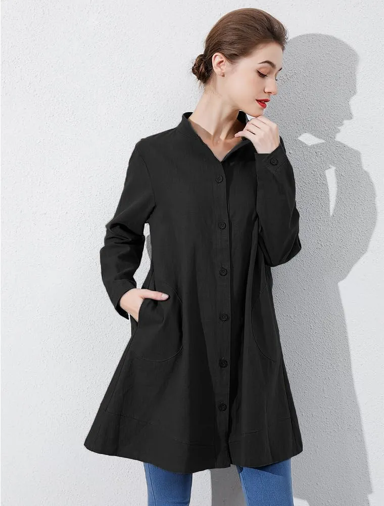 Minibee Women's Oversized Button Down Shirts Long Sleeve Cotton Linen Light Blouse Jacket With Pockets