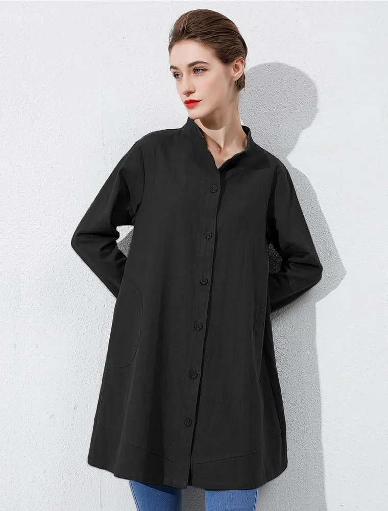 Minibee Women's Oversized Button Down Shirts Long Sleeve Cotton Linen Light Blouse Jacket With Pockets