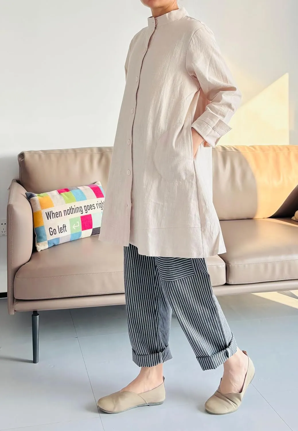 Minibee Women's Oversized Button Down Shirts Long Sleeve Cotton Linen Light Blouse Jacket With Pockets
