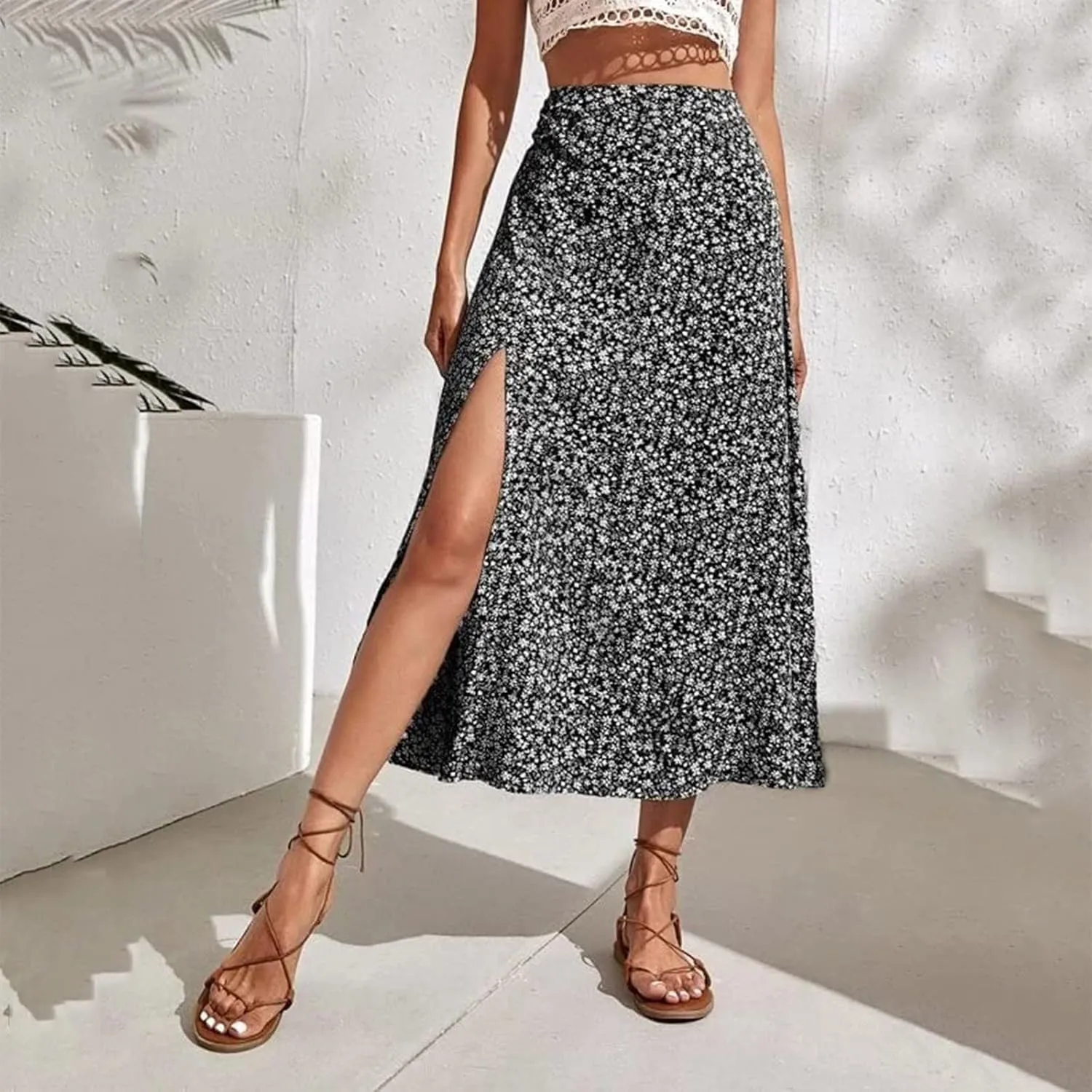 Pencil Skirt for Women Summer Trendy Boha Floral Print High Split High Elastic Waist Palazzo Long Skirts for Vacation