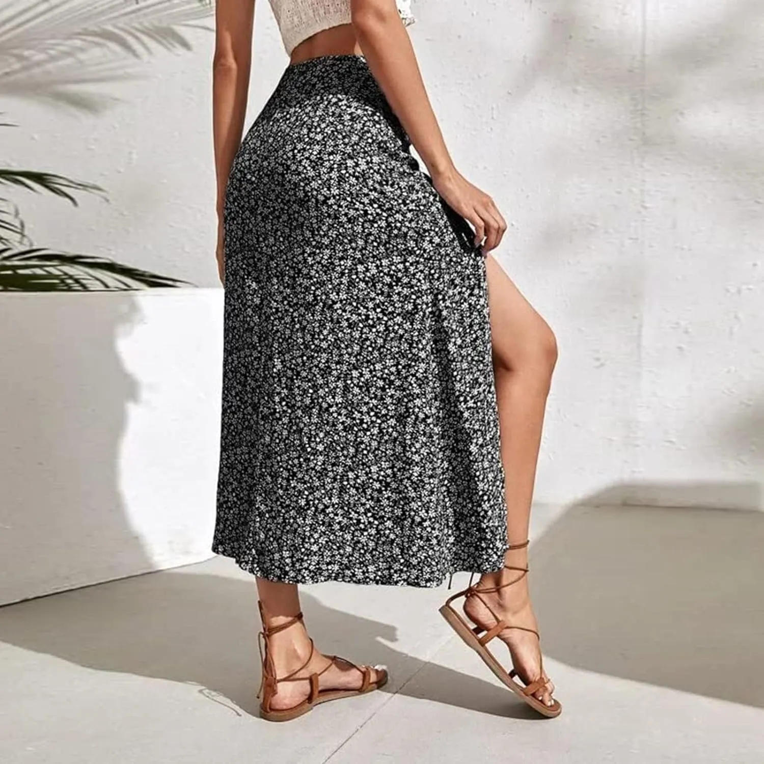 Pencil Skirt for Women Summer Trendy Boha Floral Print High Split High Elastic Waist Palazzo Long Skirts for Vacation