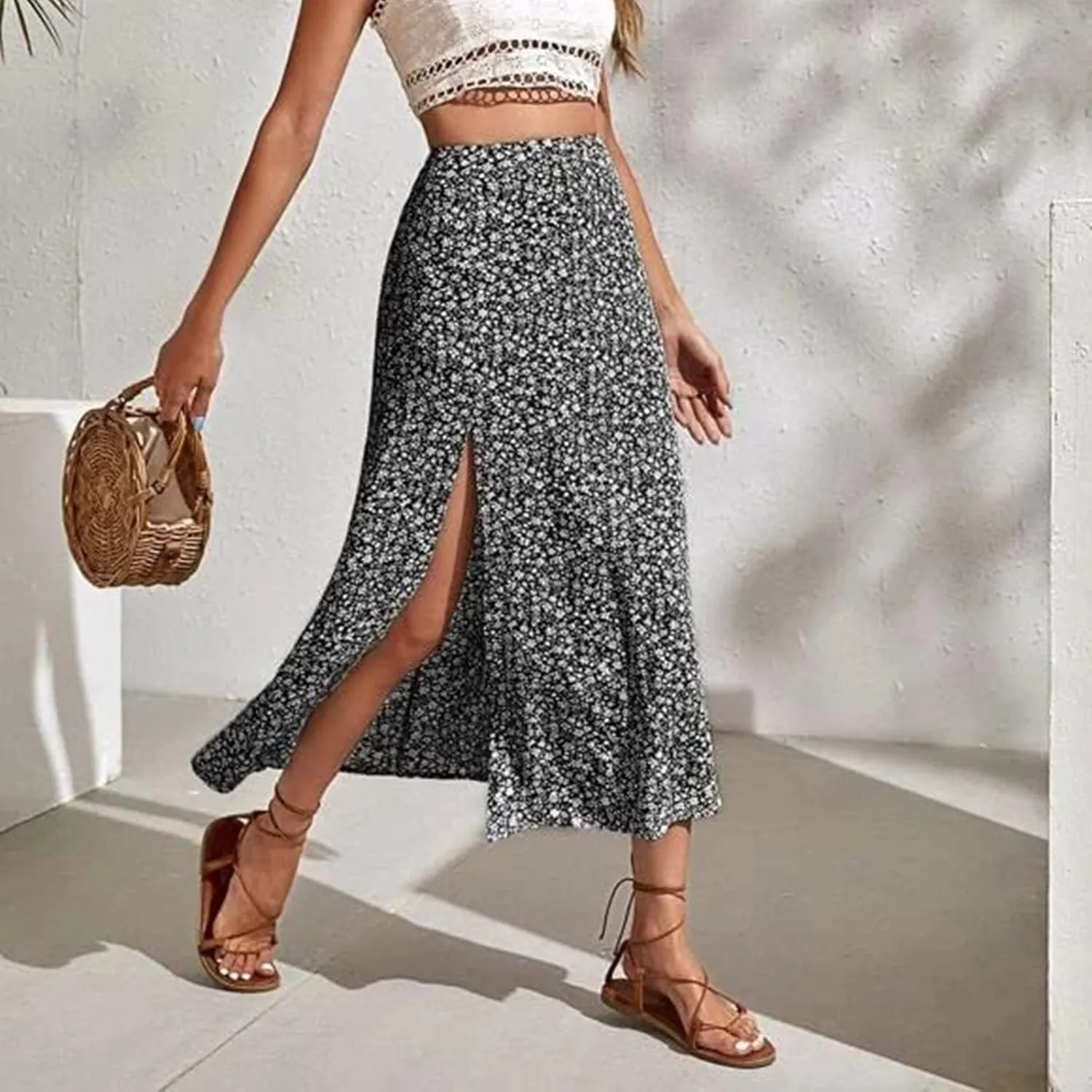 Pencil Skirt for Women Summer Trendy Boha Floral Print High Split High Elastic Waist Palazzo Long Skirts for Vacation