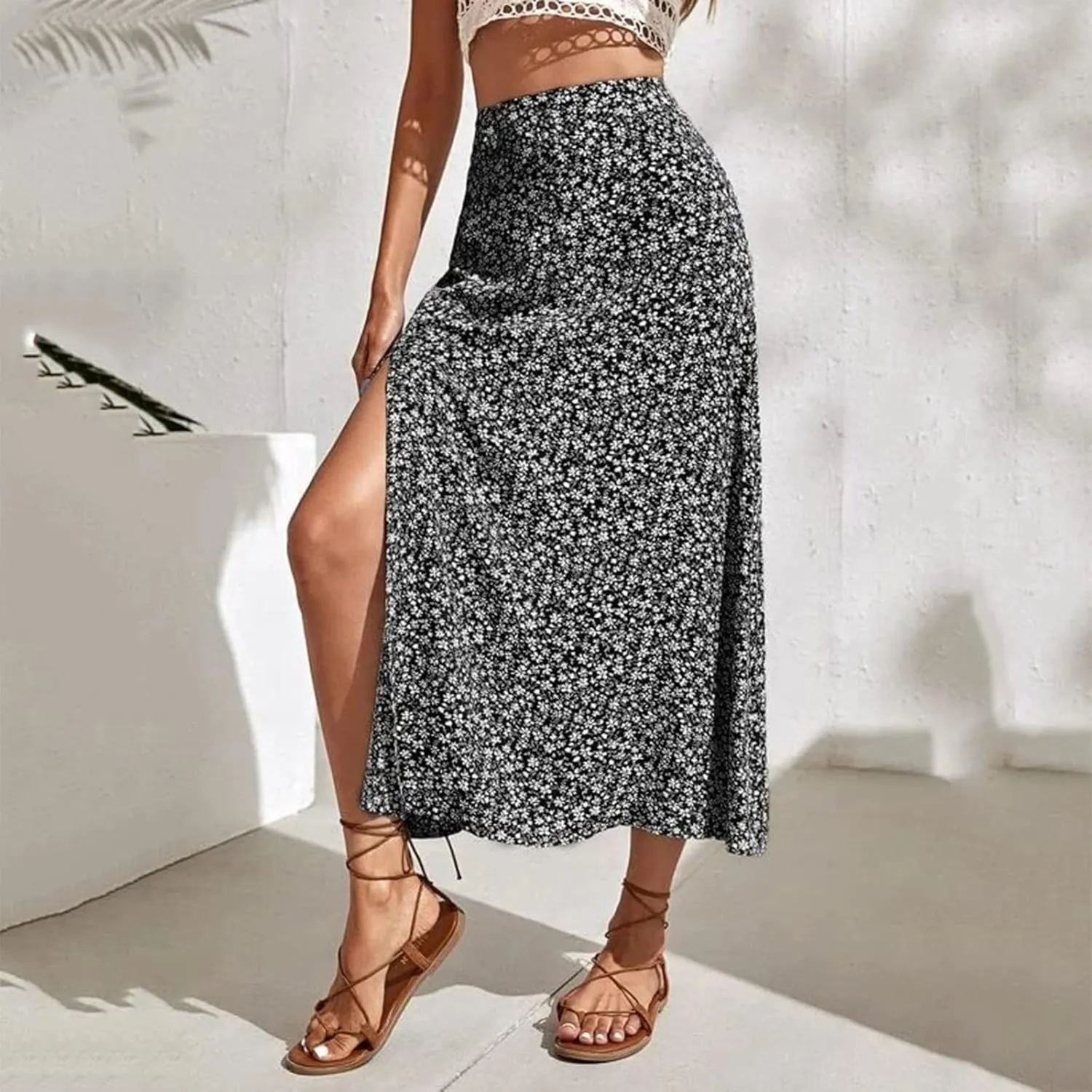 Pencil Skirt for Women Summer Trendy Boha Floral Print High Split High Elastic Waist Palazzo Long Skirts for Vacation