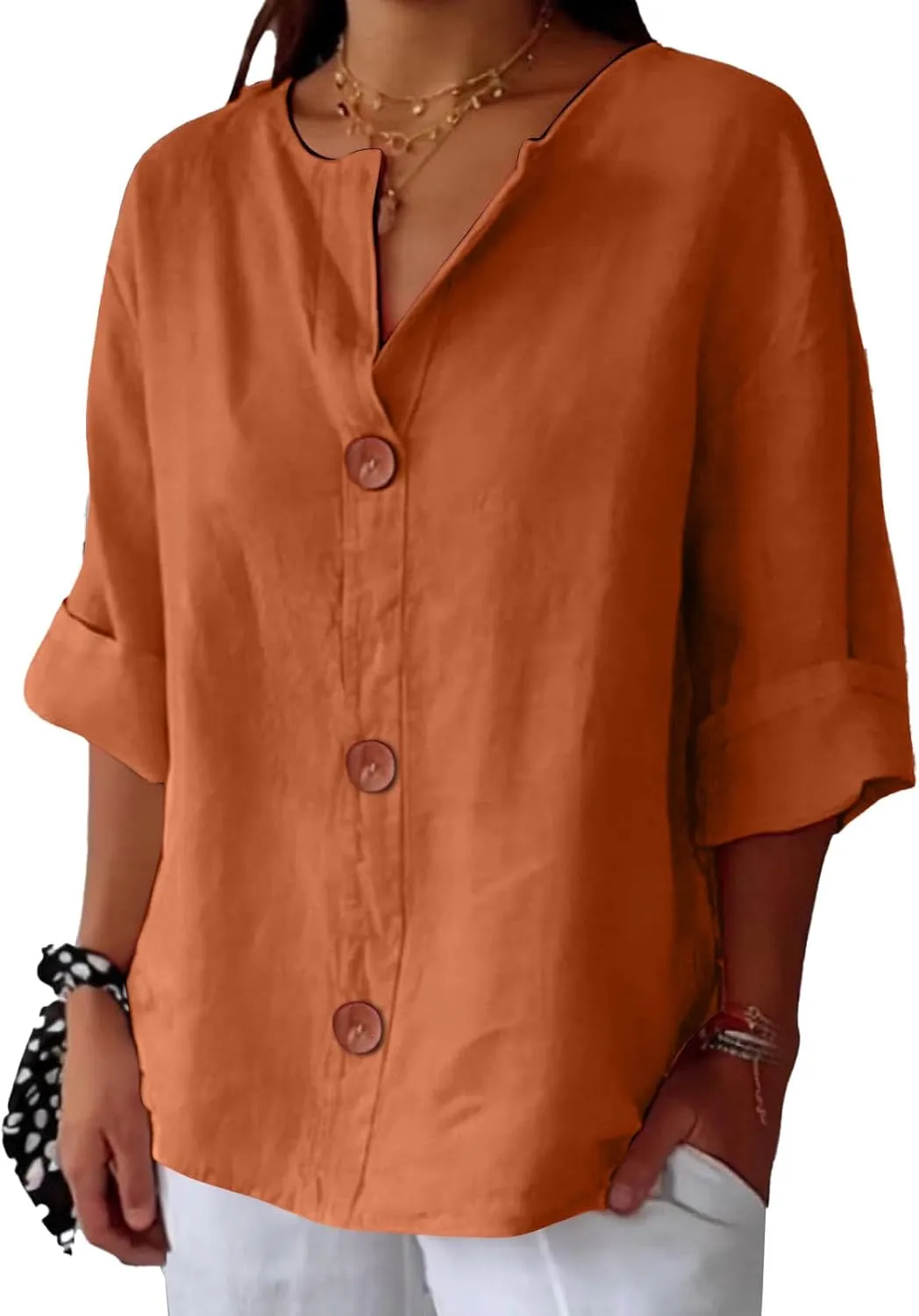 Plus Size Summer Cotton Linen Shirts for Women V Neck 3/4 Sleeve Tops Loose Vacation Beach Solid Blouses Tunic Tops
