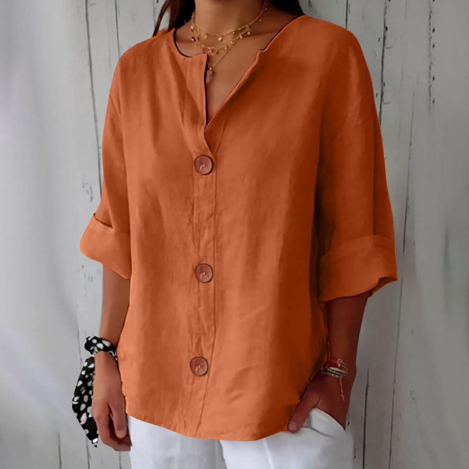 Plus Size Summer Cotton Linen Shirts for Women V Neck 3/4 Sleeve Tops Loose Vacation Beach Solid Blouses Tunic Tops