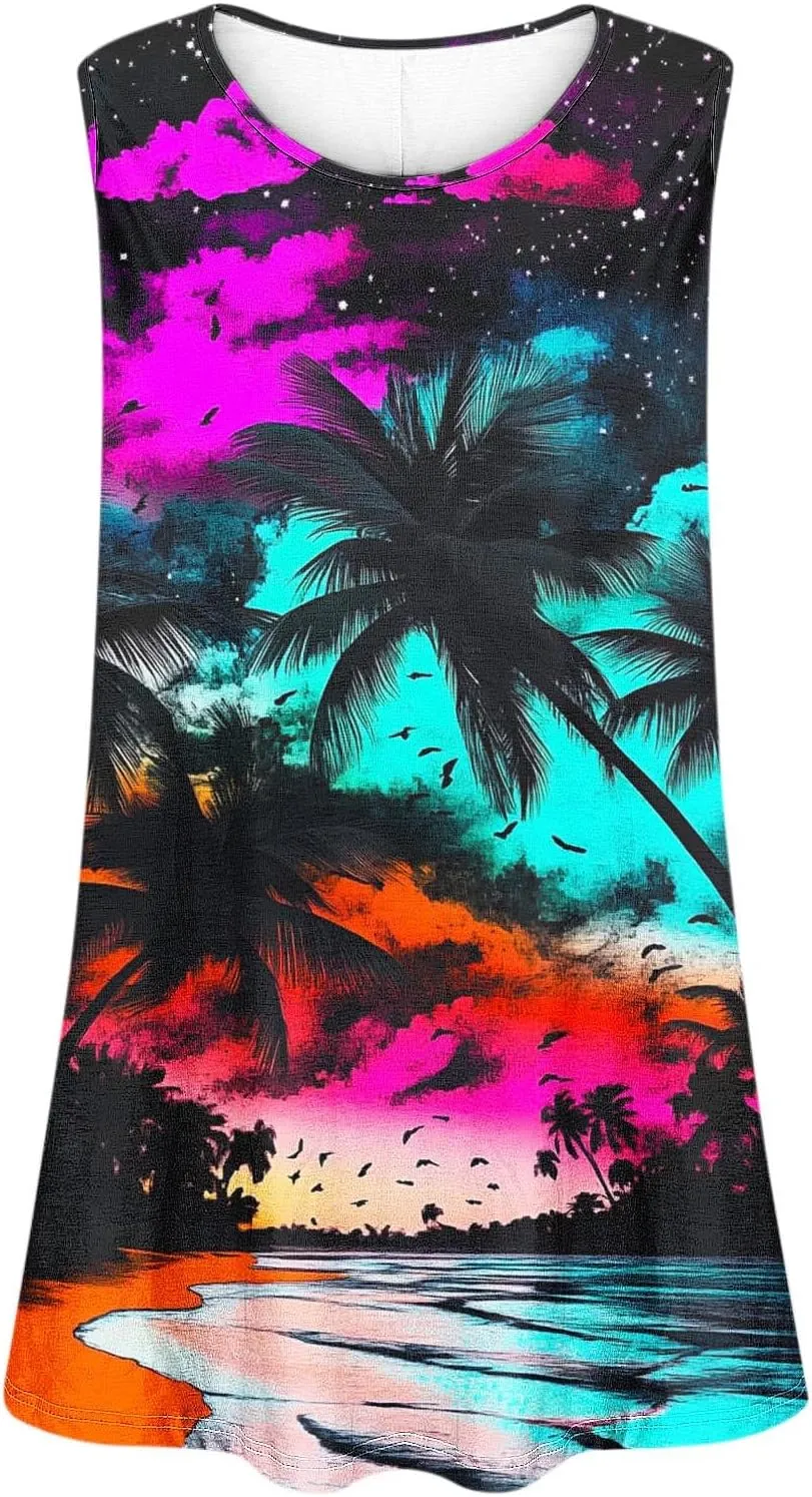 Plus Size Tank Tops Women Sunshine Graphic Sleeveless Vintage Travel Vacation Tops Summer Beach Shirts Hide Belly Tees