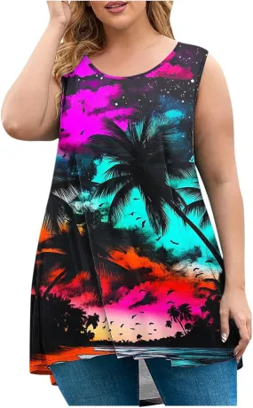 Plus Size Tank Tops Women Sunshine Graphic Sleeveless Vintage Travel Vacation Tops Summer Beach Shirts Hide Belly Tees