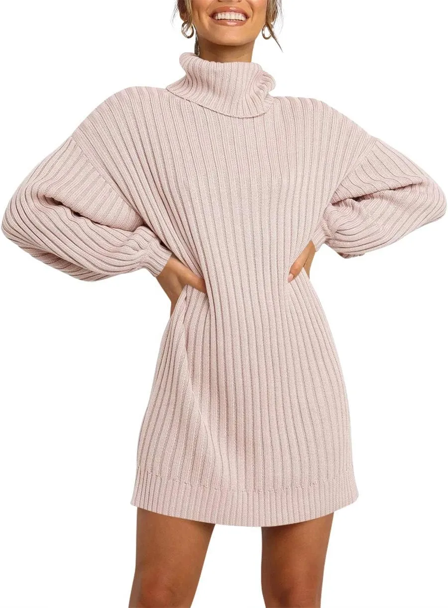 Prinbara Women Turtleneck Long Lantern Sleeve Casual Loose Oversized Sweater Dress Soft Winter Pullover Dresses