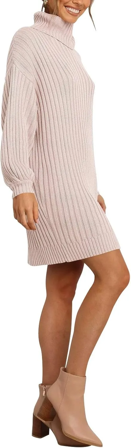 Prinbara Women Turtleneck Long Lantern Sleeve Casual Loose Oversized Sweater Dress Soft Winter Pullover Dresses