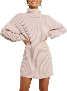 Prinbara Women Turtleneck Long Lantern Sleeve Casual Loose Oversized Sweater Dress Soft Winter Pullover Dresses