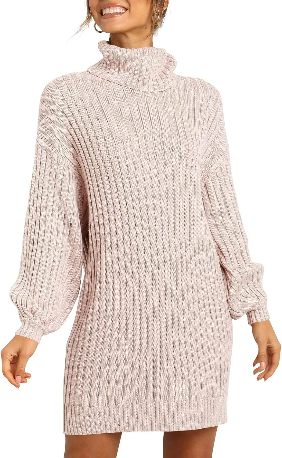 Prinbara Women Turtleneck Long Lantern Sleeve Casual Loose Oversized Sweater Dress Soft Winter Pullover Dresses