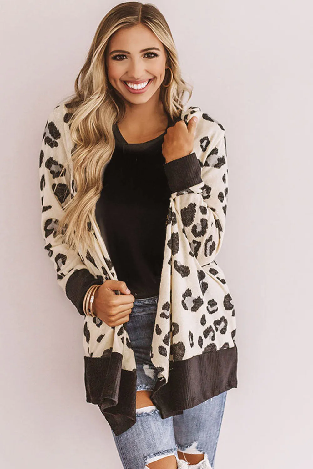 Print Hooded Open Front Cardigan