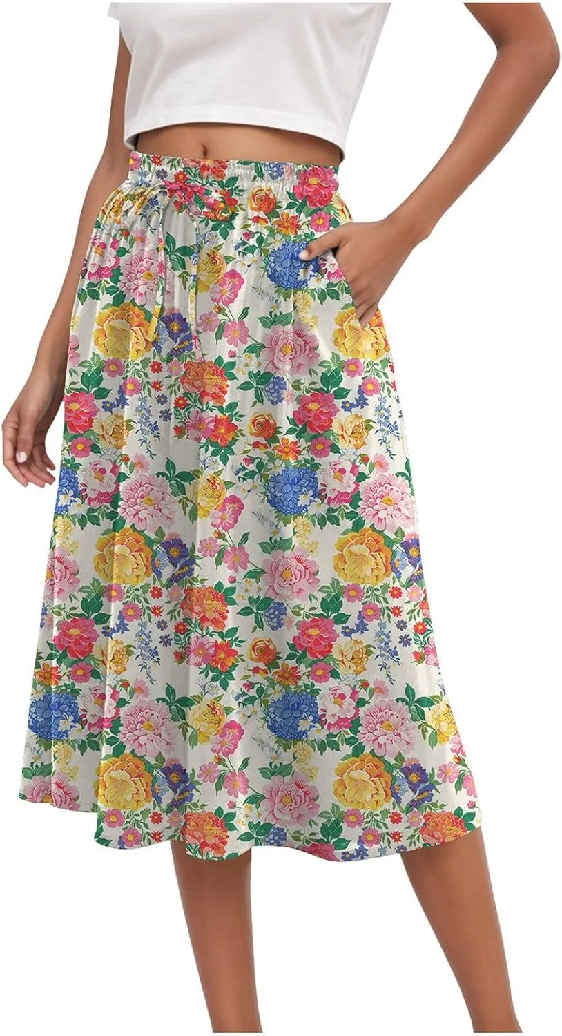 Rvidbe Skirts for Women Midi Length Pleated High Waisted Casual Below Knee Skirts with Pockets Floral Print A-Line Skirts