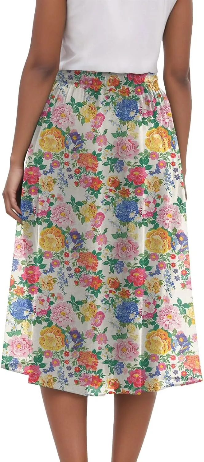 Rvidbe Skirts for Women Midi Length Pleated High Waisted Casual Below Knee Skirts with Pockets Floral Print A-Line Skirts
