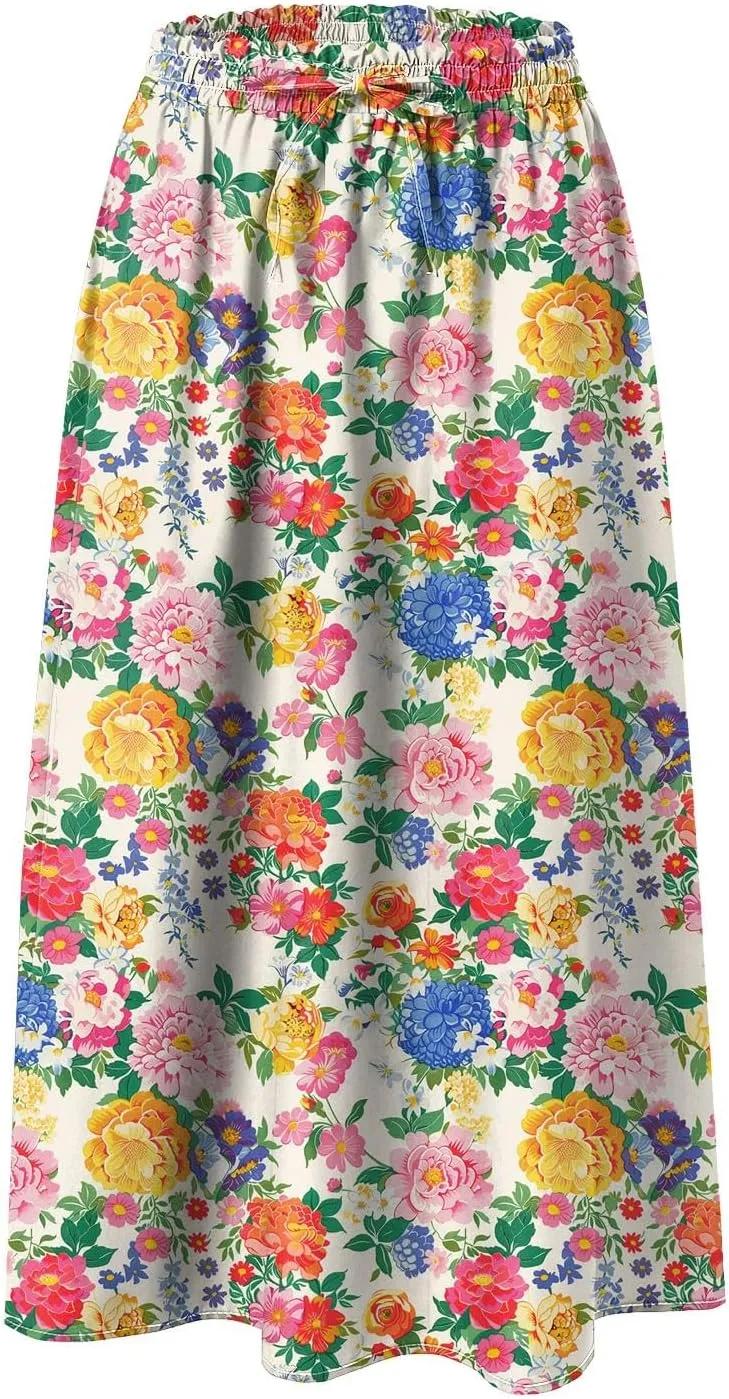 Rvidbe Skirts for Women Midi Length Pleated High Waisted Casual Below Knee Skirts with Pockets Floral Print A-Line Skirts
