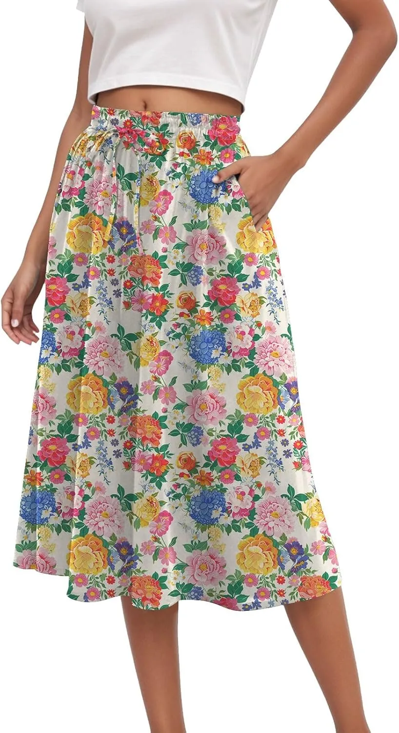 Rvidbe Skirts for Women Midi Length Pleated High Waisted Casual Below Knee Skirts with Pockets Floral Print A-Line Skirts