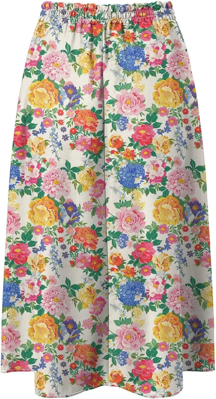 Rvidbe Skirts for Women Midi Length Pleated High Waisted Casual Below Knee Skirts with Pockets Floral Print A-Line Skirts