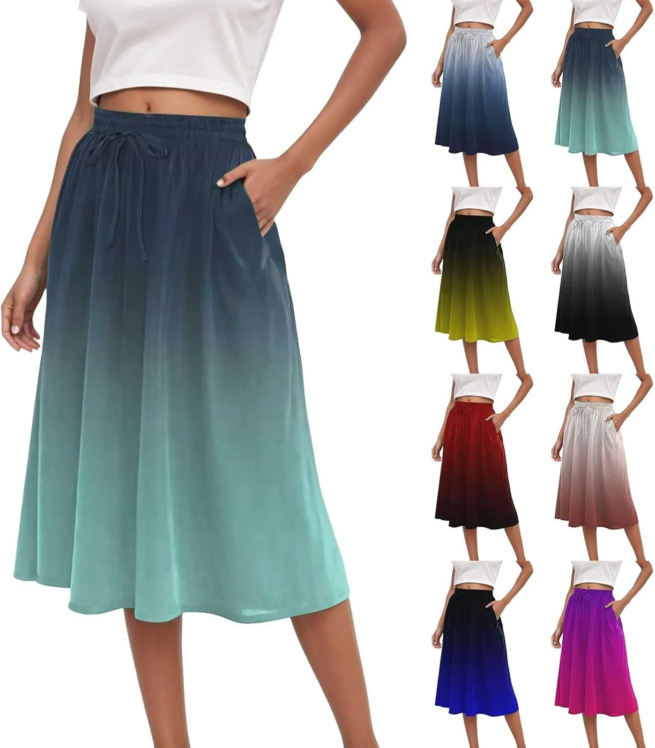 Rvidbe Skirts for Women Midi Length Pleated High Waisted Casual Below Knee Skirts with Pockets Gradient Print A-Line Skirts