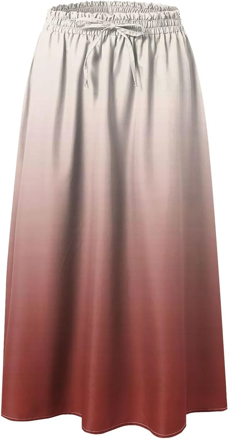 Rvidbe Skirts for Women Midi Length Pleated High Waisted Casual Below Knee Skirts with Pockets Gradient Print A-Line Skirts