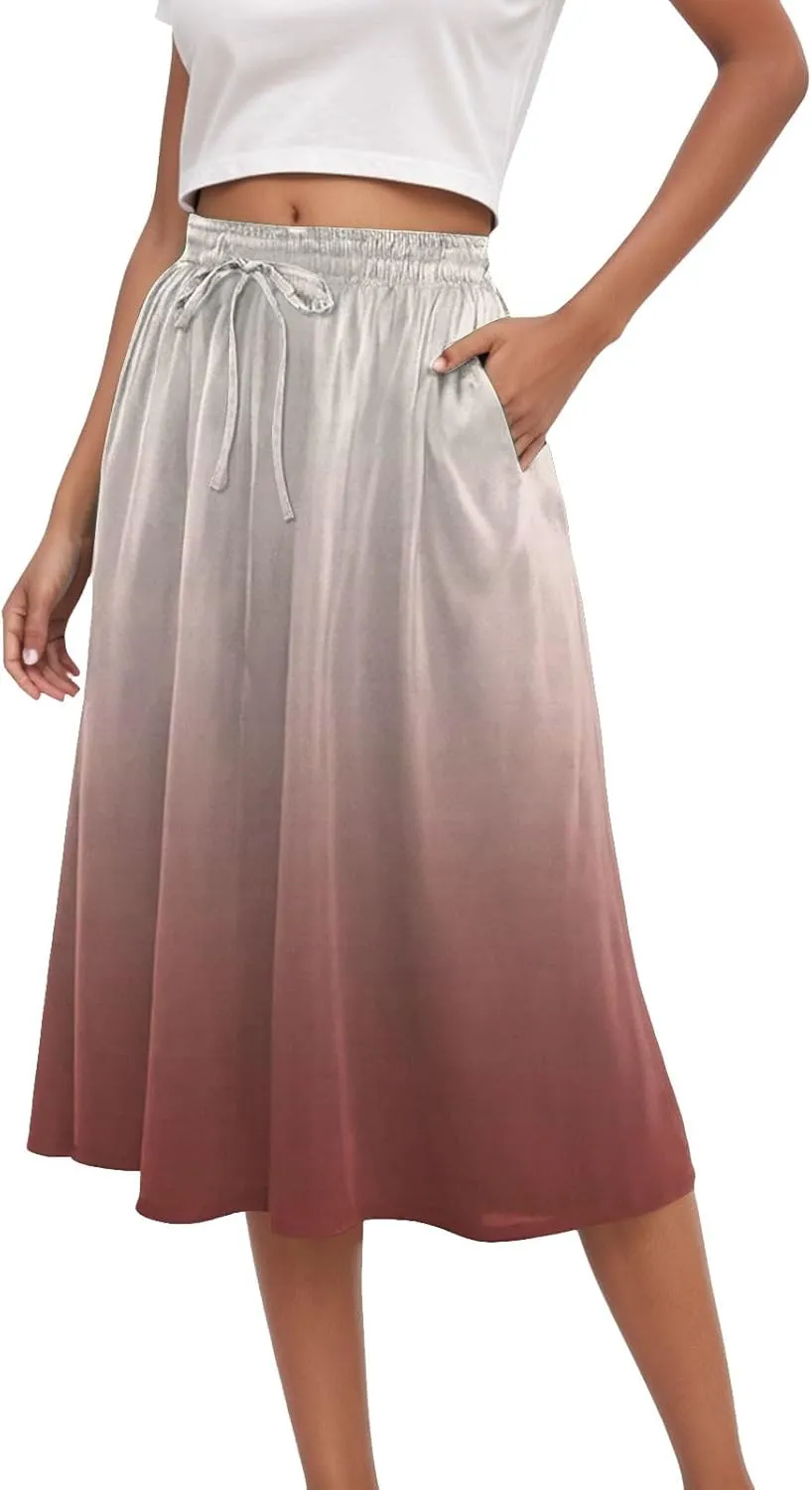 Rvidbe Skirts for Women Midi Length Pleated High Waisted Casual Below Knee Skirts with Pockets Gradient Print A-Line Skirts