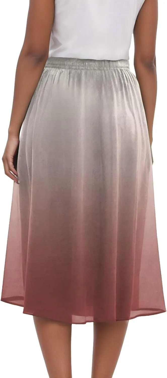 Rvidbe Skirts for Women Midi Length Pleated High Waisted Casual Below Knee Skirts with Pockets Gradient Print A-Line Skirts