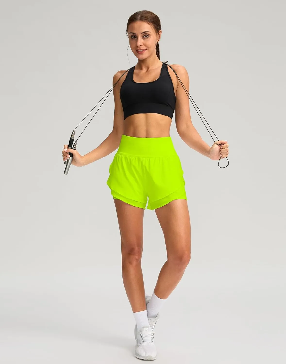 SANTINY Women's 2 in 1 Running Shorts with Pockets 3" High Waisted Exercise Workout Athletic Shorts for Women with Liner