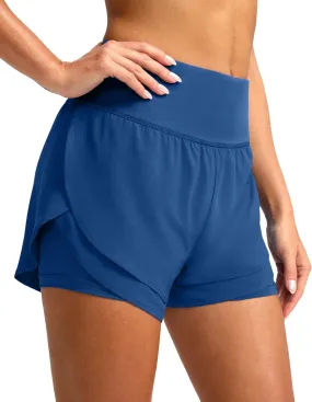 SANTINY Women's 2 in 1 Running Shorts with Pockets 3" High Waisted Exercise Workout Athletic Shorts for Women with Liner