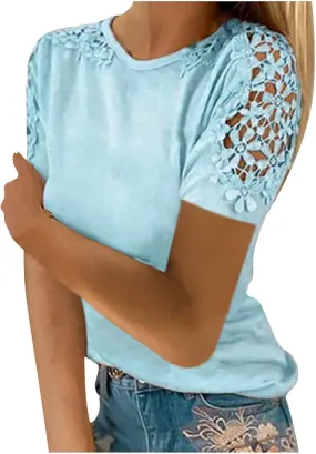 SMIDOW Boho Lace Crochet Short Sleeve Tops for Women Sexy Elegant Summer t Shirt Solid Dressy Casual Blouse Plus Size