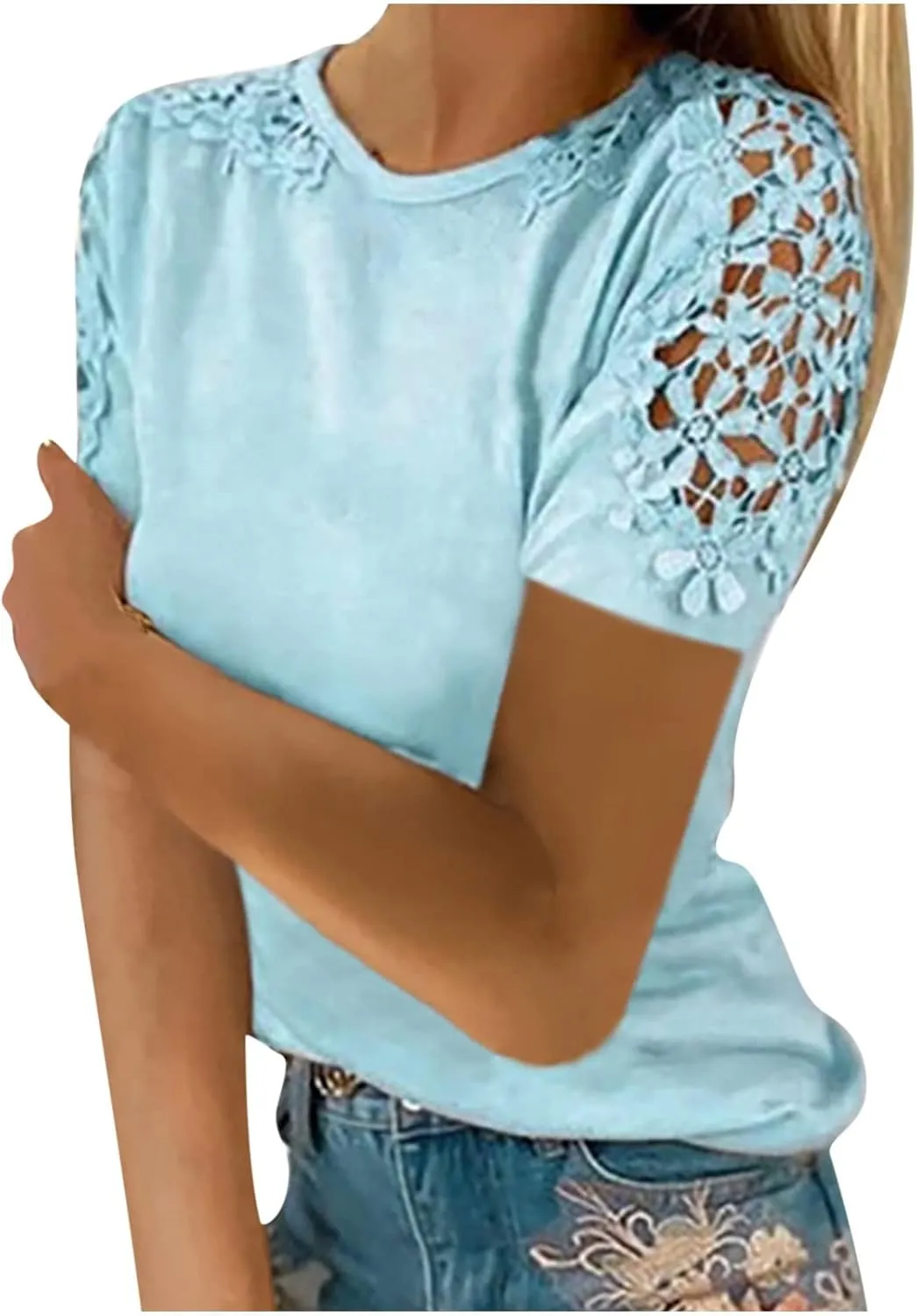 SMIDOW Boho Lace Crochet Short Sleeve Tops for Women Sexy Elegant Summer t Shirt Solid Dressy Casual Blouse Plus Size