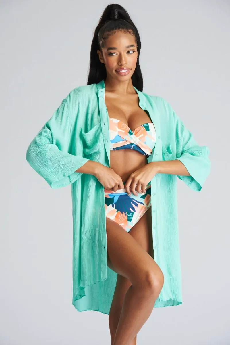 South Beach Mint Crinkle Long Length Beach Shirt