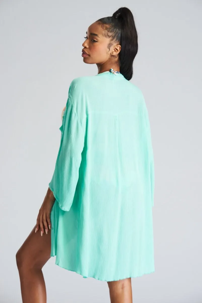 South Beach Mint Crinkle Long Length Beach Shirt