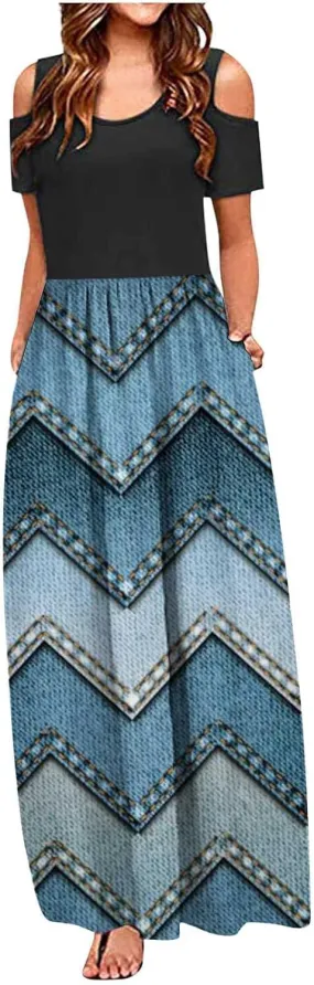 Summer Dresses for Women 2025 Vacation Off Shoulder Short Sleeve Crewneck Maxi Dress Colorblock Printed Long Dress