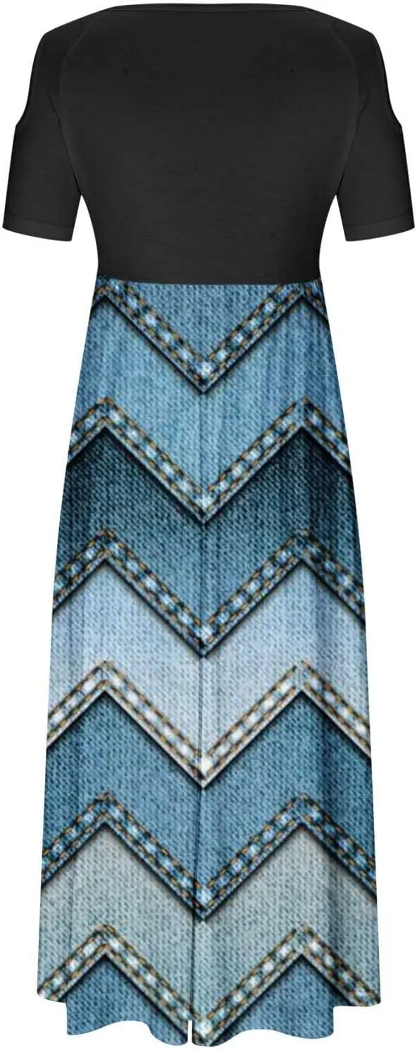Summer Dresses for Women 2025 Vacation Off Shoulder Short Sleeve Crewneck Maxi Dress Colorblock Printed Long Dress
