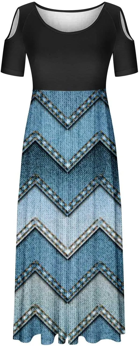 Summer Dresses for Women 2025 Vacation Off Shoulder Short Sleeve Crewneck Maxi Dress Colorblock Printed Long Dress