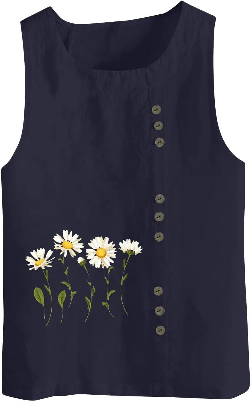 Tank Tops Women Trendy Printed Cotton Linen Blouses Casual Round Neck Sleeveless Shirts Summer Beach Shirt