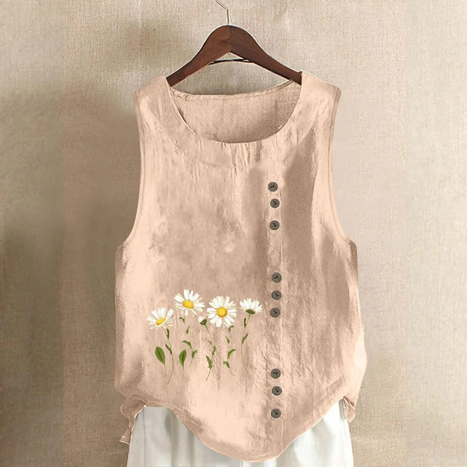 Tank Tops Women Trendy Printed Cotton Linen Blouses Casual Round Neck Sleeveless Shirts Summer Beach Shirt