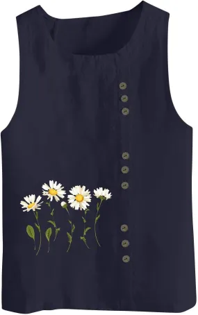 Tank Tops Women Trendy Printed Cotton Linen Blouses Casual Round Neck Sleeveless Shirts Summer Beach Shirt