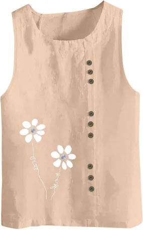 Tank Tops Women Trendy Printed Cotton Linen Blouses Casual Round Neck Sleeveless Shirts Summer Beach Shirt