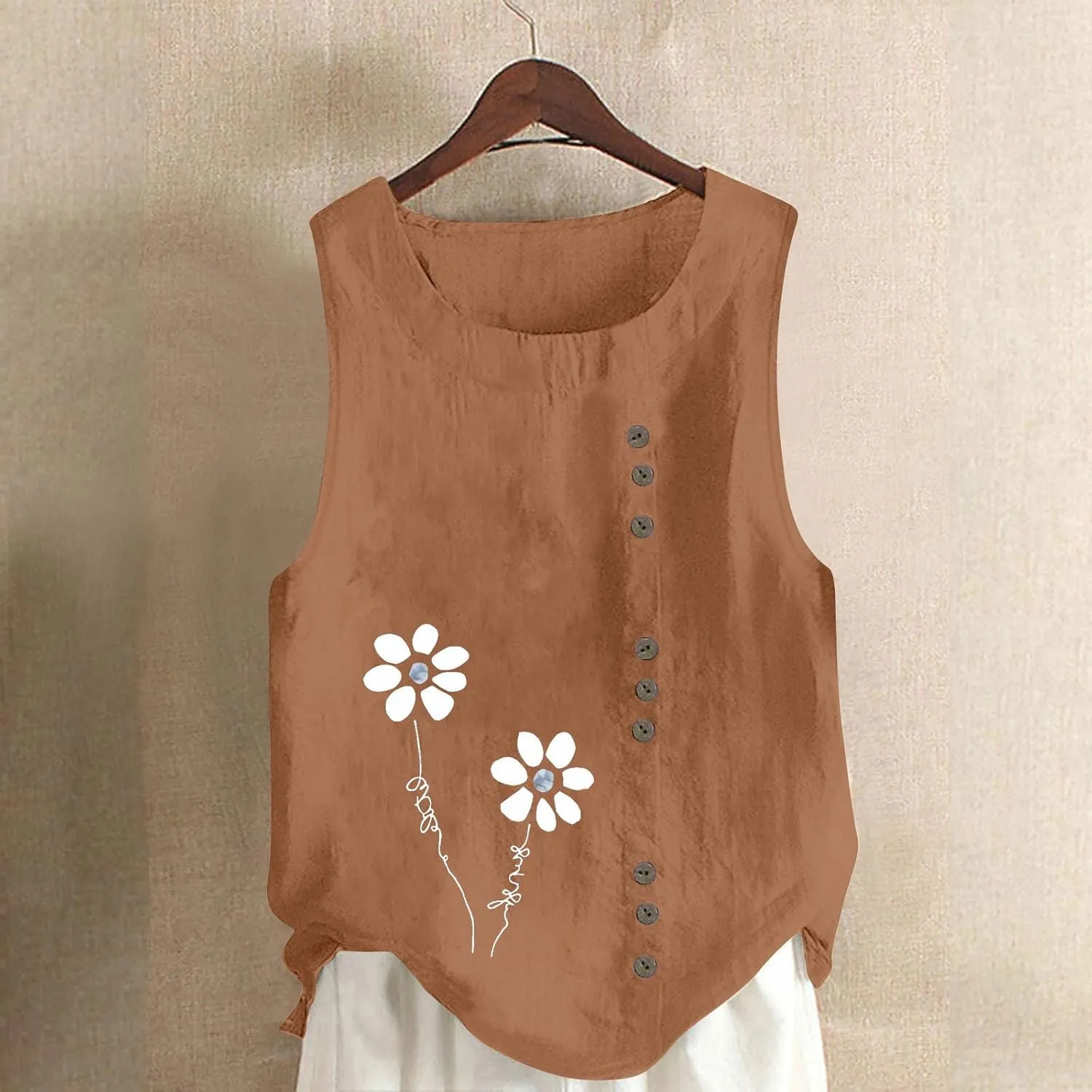 Tank Tops Women Trendy Printed Cotton Linen Blouses Casual Round Neck Sleeveless Shirts Summer Beach Shirt