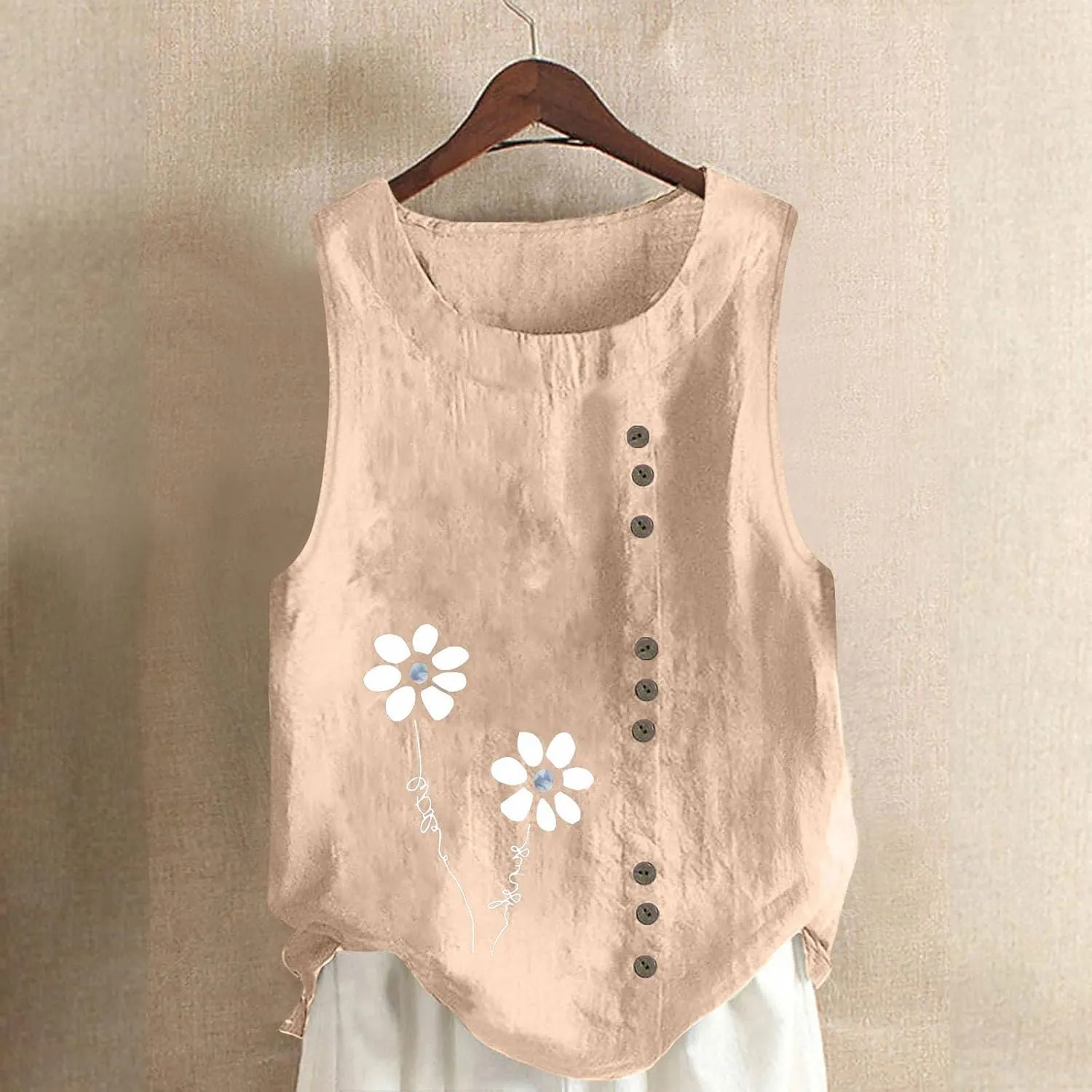 Tank Tops Women Trendy Printed Cotton Linen Blouses Casual Round Neck Sleeveless Shirts Summer Beach Shirt