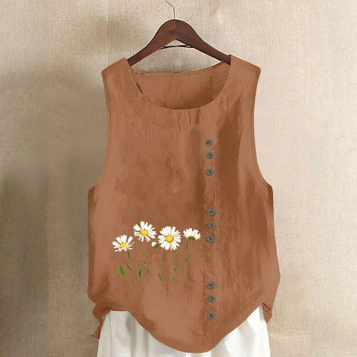 Tank Tops Women Trendy Printed Cotton Linen Blouses Casual Round Neck Sleeveless Shirts Summer Beach Shirt