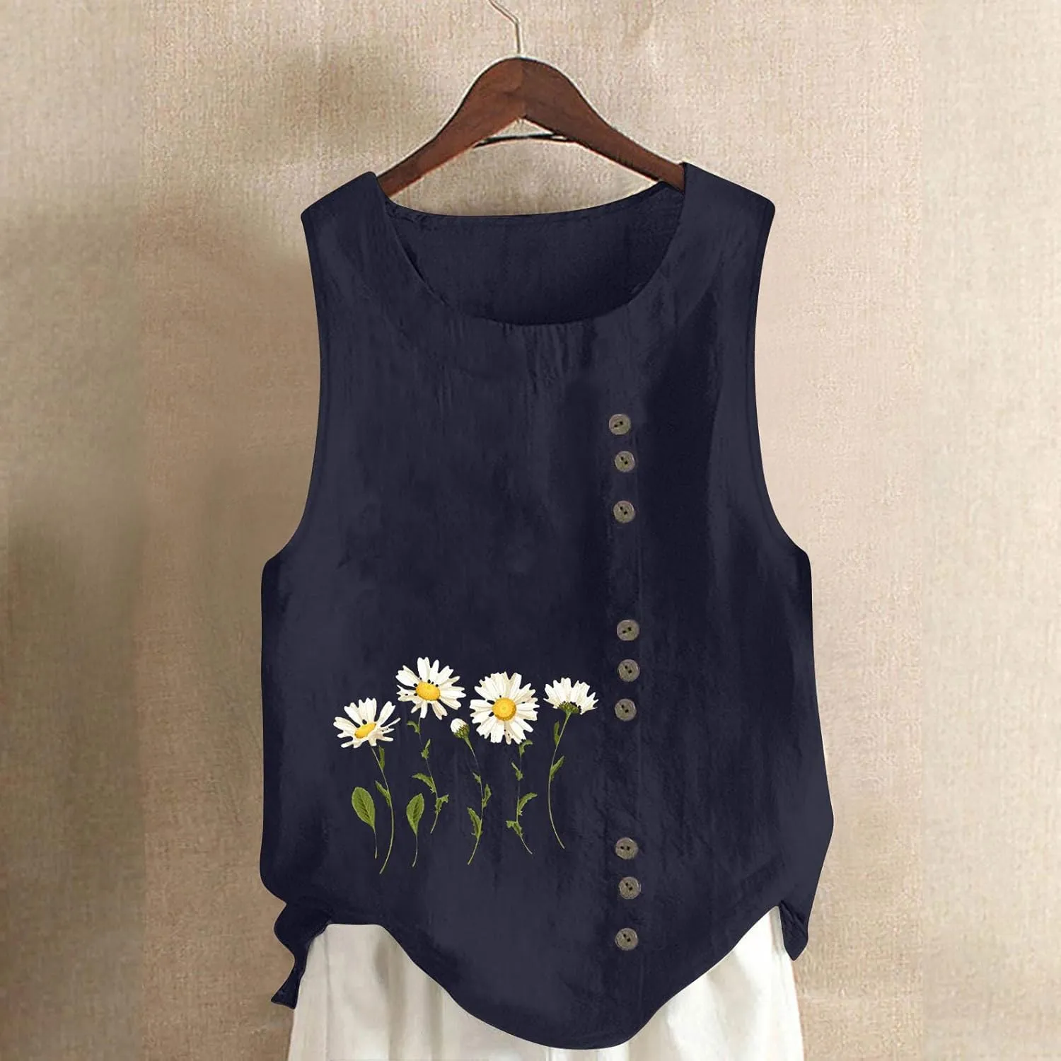 Tank Tops Women Trendy Printed Cotton Linen Blouses Casual Round Neck Sleeveless Shirts Summer Beach Shirt